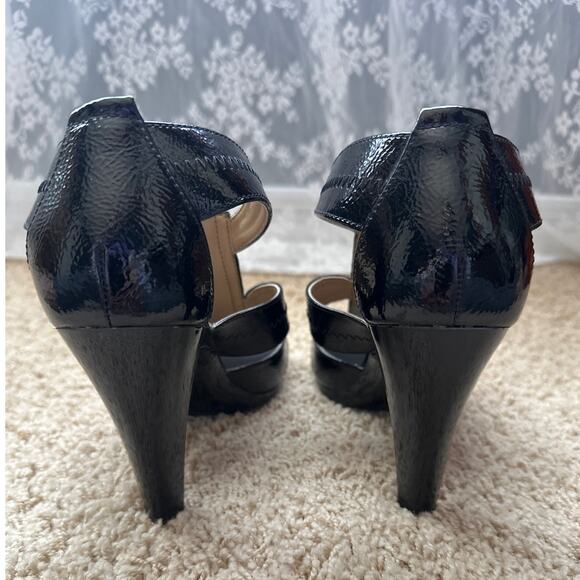 Michael Kors Black Patent Leather Zipper Open Toe Platform Heels Womens Size 8 - Picture 6 of 9